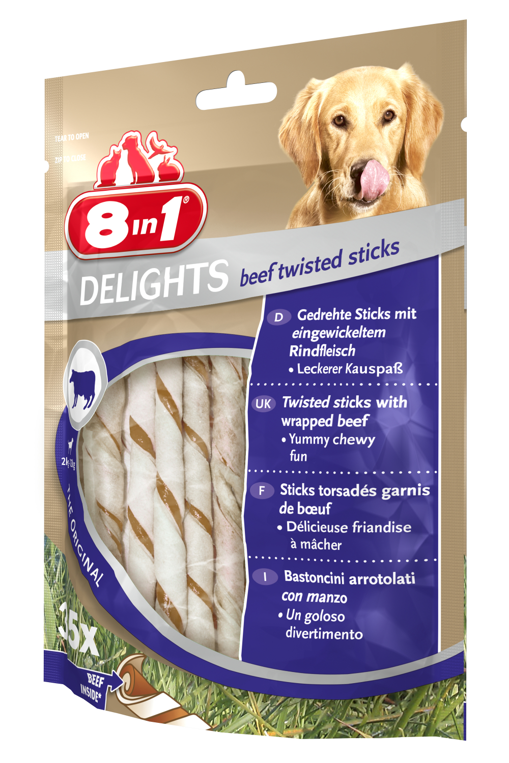Friandise stick à mâcher en peau de boeuf garni de boeuf pour chien de petite race de 1 à 12 Kg 35 pièces